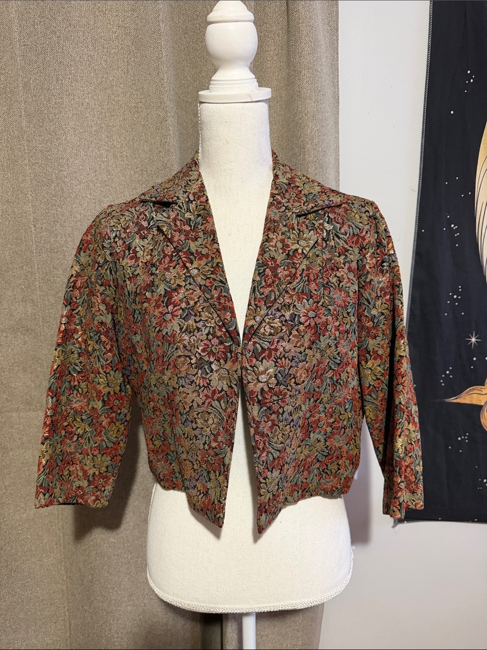 Vintage Women’s Floral Cropped upholstery Blazer Jacket - Rust Multi